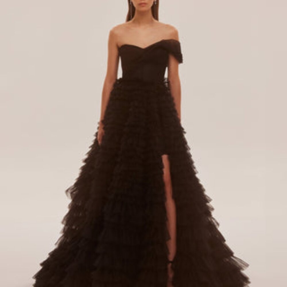 Black Off-Shoulder Ruffled High-Low Maxi Dress - Picture 2 of 7